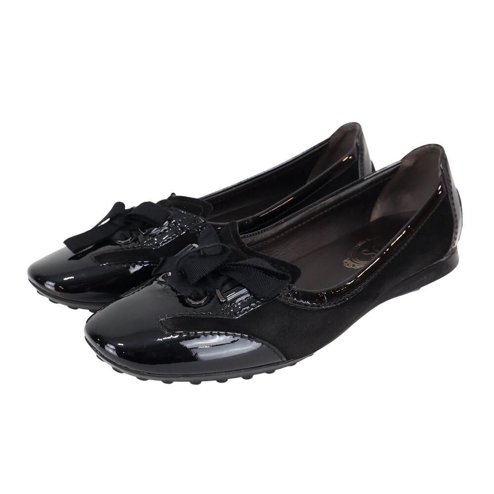 Tod's Black Patent & Suede Bow Ballet Flats